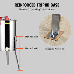 Reinforced tripod base for honey extractor, adjustable from 39.3 to 42.5 inches, with mounting options.