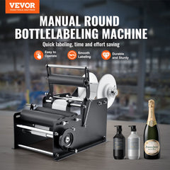 Manual round bottle labeling machine with adjustable frame, rollers, and label holder for bottles up to 4.72 inches in diameter.