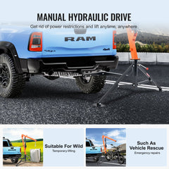 Blue Ram pickup truck with rear-mounted hydraulic crane hoist, showing 360-degree swivel and lifting capability.