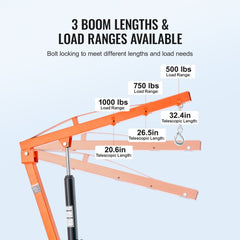Orange hydraulic pickup truck crane hoist with 1000 lbs capacity, 360-degree swivel, and adjustable boom lengths up to 32.4 inches.