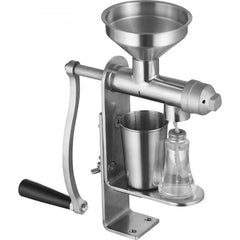 Stainless steel manual oil press machine with detachable parts and ergonomic handle.