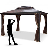 Aluminum frame gazebo with a double-tier PVC roof and detachable curtains for outdoor shade.