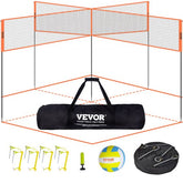 Portable 4-way volleyball and badminton net with adjustable height and durable materials.
