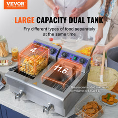 Stainless steel dual tank electric deep fryer with 8.5Qt capacity and precise temperature controls.