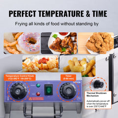Dual tank electric deep fryer with 8.5Qt capacity and stainless steel construction.