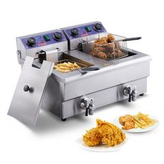 Dual tank electric deep fryer with stainless steel body and precise temperature controls.