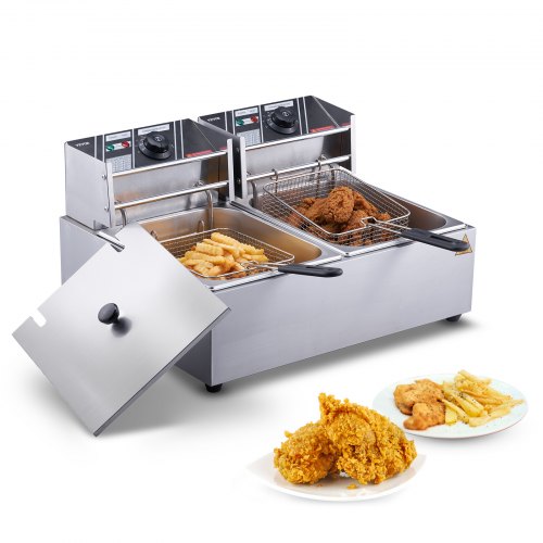 Stainless steel dual-tank electric deep fryer with detachable 10.6 qt tanks, baskets, and fried chicken and fries.