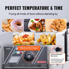 Bostome commercial electric deep fryer with dual 10.6 qt detachable tanks, temperature controls, and food images.