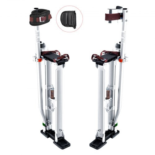 Adjustable aluminum drywall stilts with PVC knee pads and textured rubber bases for stability.