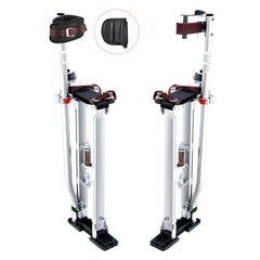 Adjustable aluminum drywall stilts with PVC knee pads and textured rubber bases for stability.