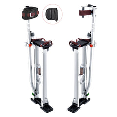 Adjustable aluminum drywall stilts in silver with knee pads and textured rubber bases.