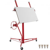 Red steel drywall panel lift with 16ft height, white panel, crank, and lockable wheels.