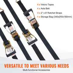 Four black ratchet tie down straps with double J hooks and axle belts on white background.