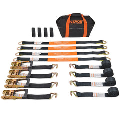 Four 8ft Bostome ratchet tie down straps with double J hooks, axle belts, Velcro tapes, and storage bag.
