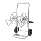 Heavy-duty steel hose reel cart with capacity for 200ft of 5/8" hose, featuring durable wheels.