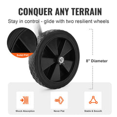 Heavy-duty steel hose reel cart with a capacity for 200ft of 5/8" hose, featuring durable wheels.