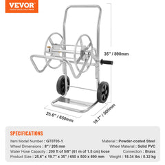 Heavy-duty steel hose reel cart with capacity for 200ft of 5/8" hose and durable wheels.