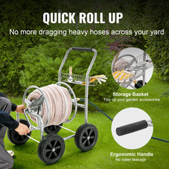 Bostome steel hose reel cart with 4 wheels, storage basket, and ergonomic handle for 250 ft hose.