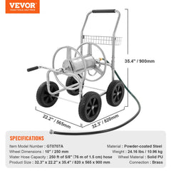 Heavy duty steel hose reel cart with 250 ft 5/8" hose capacity and four wheels.