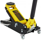 Low profile aluminum and steel racing floor jack with dual pump and 1.5-ton capacity.