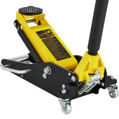 Low profile aluminum and steel racing floor jack with dual pump and 1.5-ton capacity.