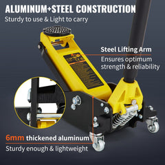 Low profile aluminum and steel racing floor jack with dual pump and 1.5-ton capacity.