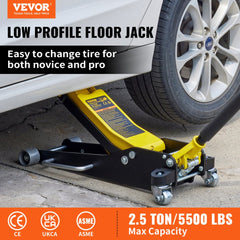 Aluminum and steel low profile floor jack with quick lift and rubber saddle for vehicle maintenance.