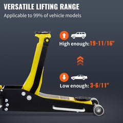 Yellow 3-ton low-profile floor jack with lifting range from 3-6/11" to 19-11/16" for vehicles.