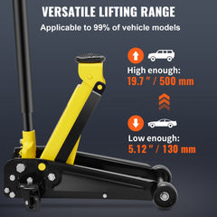 Bostome 3 ton low profile steel hydraulic floor jack with rubber saddle and two-piece handle.