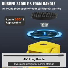 Low-profile 2.5-ton floor jack with 45-inch two-piece handle, rubber saddle, and 360-degree rotation.