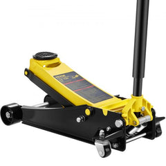 Yellow 4-ton low-profile floor jack with black handle and wheels, heavy-duty steel construction.