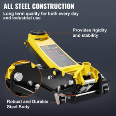 Yellow 4-ton low-profile steel floor jack with dual pump and black base on wheels.