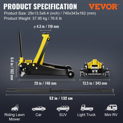 Yellow 4-ton low-profile floor jack with black handle, dual pump, and vehicle compatibility icons.