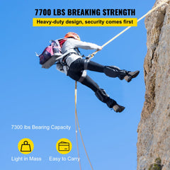 Woman climbing rock wall with backpack using Bostome Twin Sheave Block and Tackle pulley system and 200ft double-braid rope.