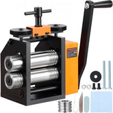 A black and orange jewelry rolling mill with various tools and accessories.