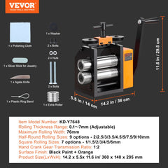A black and orange jewelry rolling mill with accessories and dimensions.