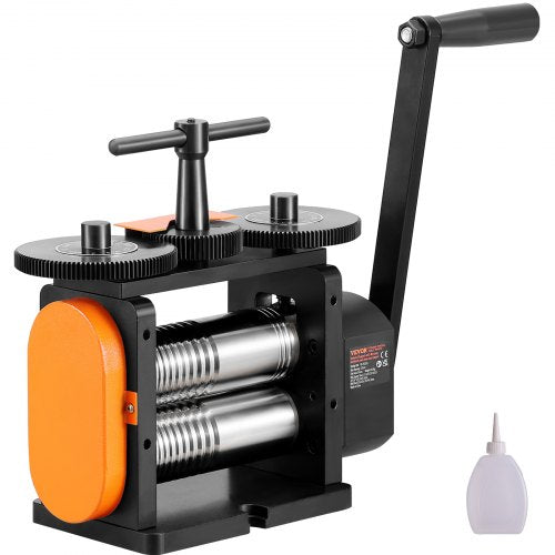 Bostome 57mm 3-in-1 jewelry rolling mill machine with black frame, orange accents, hand crank, and oil bottle.