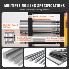 3-in-1 jewelry rolling mill with 75mm steel rollers for square, half-round, and flat profiles up to 6.5mm thick.