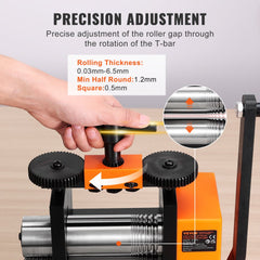 Orange 75mm 3-in-1 jewelry rolling mill machine with steel rollers for 0.03-6.5mm thickness and precision adjustment dial.