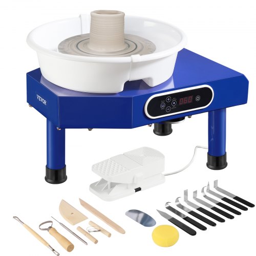 Blue Bostome 10-inch pottery wheel with quiet motor, LCD panel, foot pedal, basin, and tool kit.