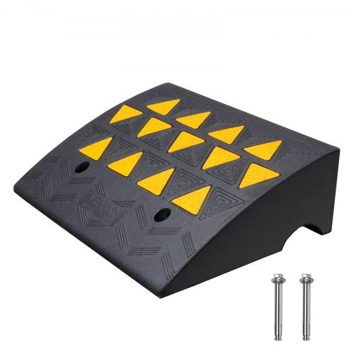 Black rubber curb ramp with yellow triangular grips, 6-inch rise, and mounting bolts.