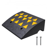 Black rubber curb ramp with yellow triangular grips, 6-inch rise, and mounting bolts.