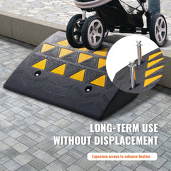Black rubber curb ramp with yellow triangular treads, 6-inch rise, and expansion screw fixation.