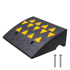 Black rubber curb ramp with yellow triangular grips, 6-inch rise, and mounting bolts.