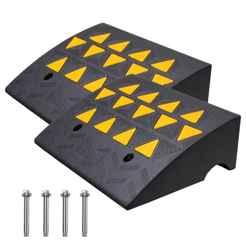 Two black rubber curb ramps with yellow triangular grips, 6-inch rise, and mounting screws.