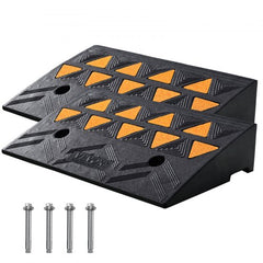 Two black rubber curb ramps with orange triangular treads, 4.3-inch rise, and included bolts.