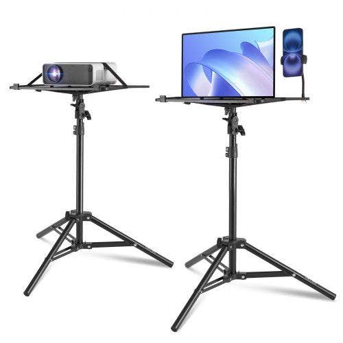 Adjustable tripod stand for laptops and projectors, height ranges from 27 to 63 inches.