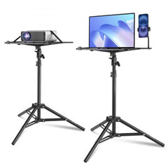 Adjustable tripod stand for laptops and projectors, height ranges from 27 to 63 inches.