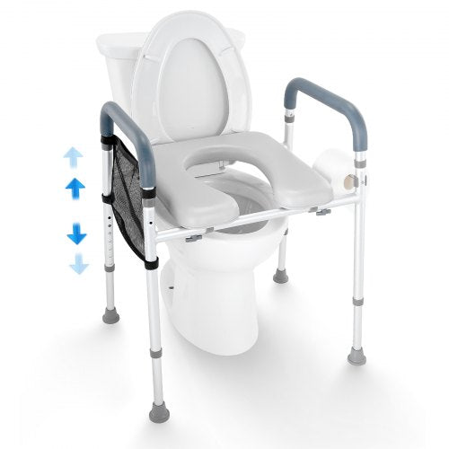 Bostome raised toilet seat with adjustable height and padded aluminum frame for comfort and support.