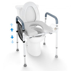 Bostome raised toilet seat with adjustable height and padded aluminum frame for comfort and support.